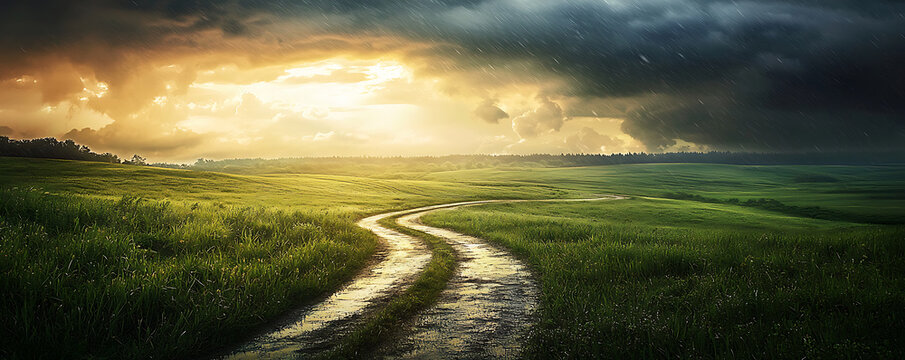 : A vast open countryside with rolling green fields and a meandering stream, captured under a dramatic sky as gentle rain falls, enhancing the peaceful atmosphere.