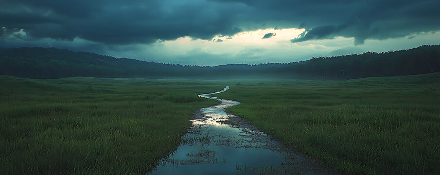 : A vast open countryside with rolling green fields and a meandering stream, captured under a dramatic sky as gentle rain falls, enhancing the peaceful atmosphere.