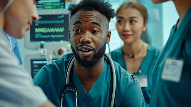 young black intern with stethoscope surrounded by colleagues in a medical setting, actively participating in patient care and teamwork. Selective focus.