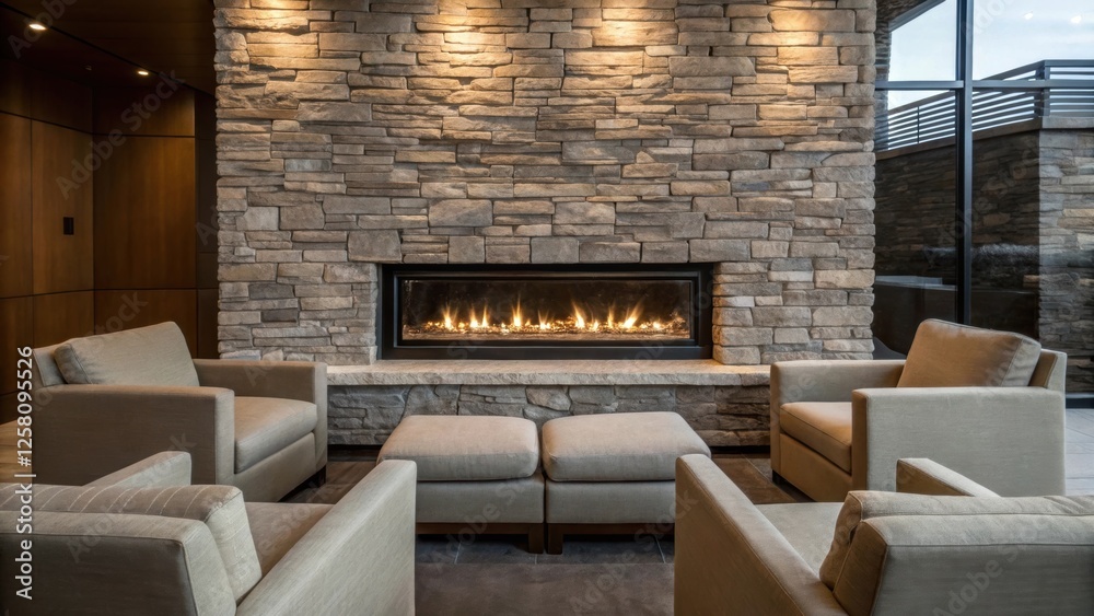Poster a modern linear fireplace integrated into a stone feature wall surrounded by plush neutraltoned seat