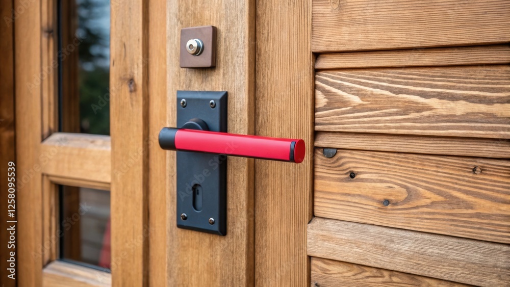 Poster A modern handle featuring a vibrant color sits atop a rustic door creating an eyecatching contrast that signals a bold design choice.