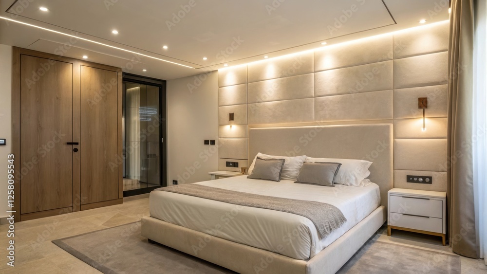 Poster a modern master bedroom where reading lights are recessed into the wall above a minimalist bed creat