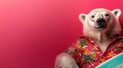 A whimsical polar bear wearing a colorful tropical shirt and holding a surfboard, combining humor and summer vibes in an unexpected yet enjoyable wildlife setting.