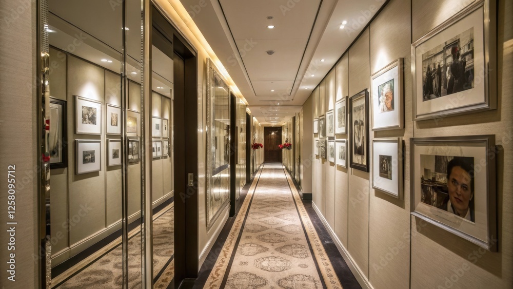 Fototapete a narrow hallway with mirrored walls reflecting artwork and family photos visually elongating the sp