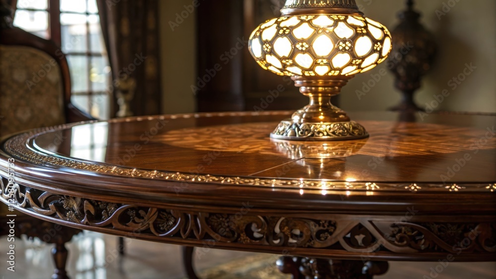 Poster An artistic closeup of a beautifully crafted table with a glossy finish accentuated by an ornate light fixture casting playful reflections across the surface.