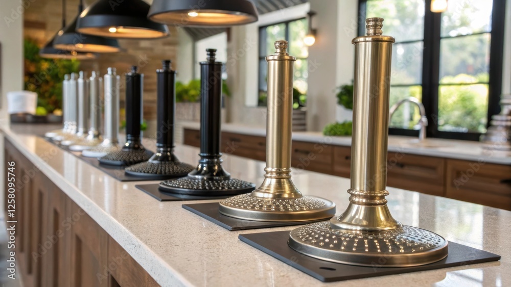 Aufkleber an array of rainfall showerheads displayed on a countertop highlighting various finishes like matte 