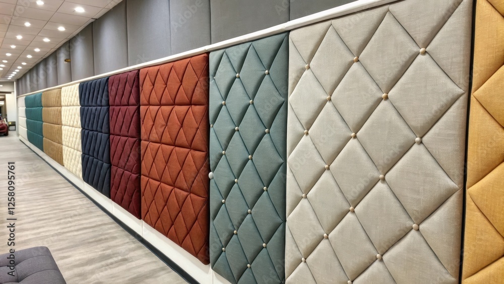 Poster An array of upholstered wall panels in varying colors and fabrics tightly arranged to illustrate a visually striking acousticenhancing design.