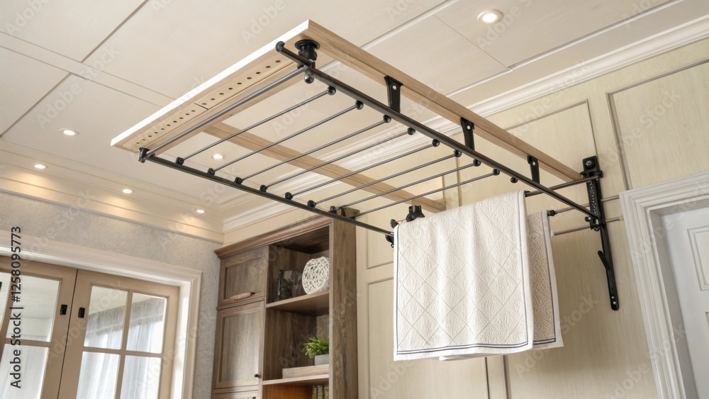 Fototapete an artistic angle showcasing a ceilingmounted drying rack against a backdrop of lightcolored walls e