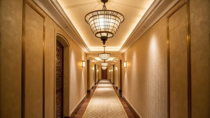 A narrow hallway captured from a medium closeup perspective emphasizing the warm ambiance created by elegant pendant lighting and freshly finished walls.