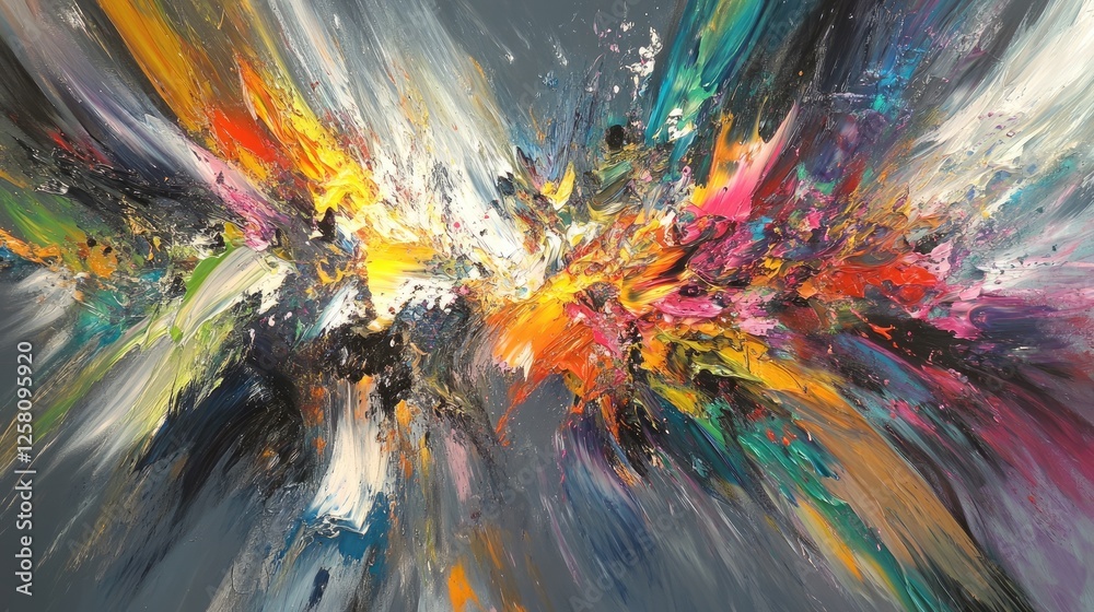 Poster abstract creative painting in action, with dynamic, colorful splashes and brush strokes, captured in