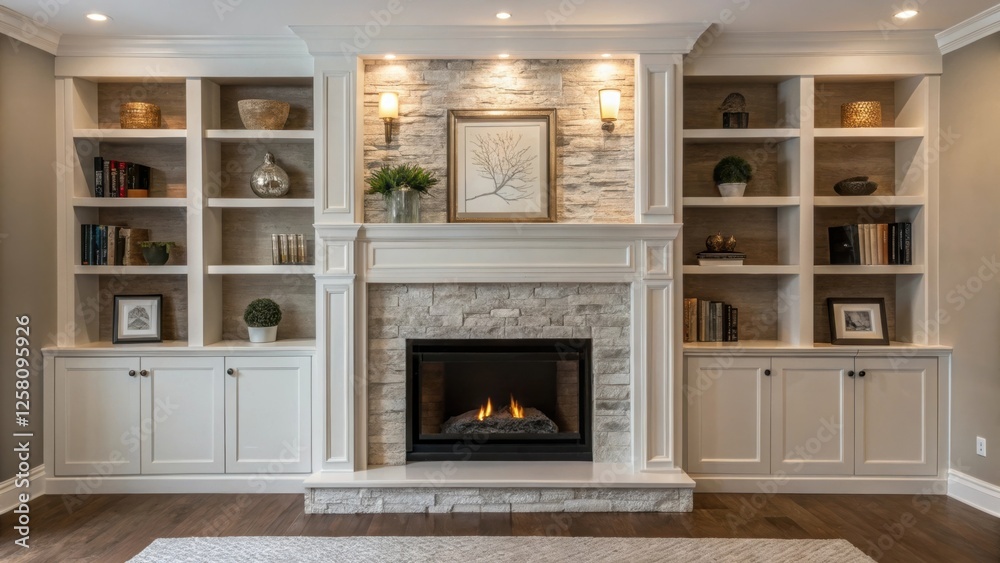 Poster An elegant fireplace integrated into a builtin shelving unit adorned with decorative items blending functionality with an inviting ambiance in a chic living room.