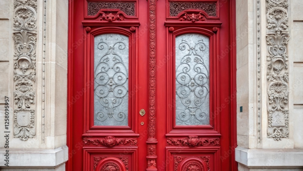Aufkleber an elegant closeup of a vibrant red double door featuring intricate carvings and a frosted glass pan