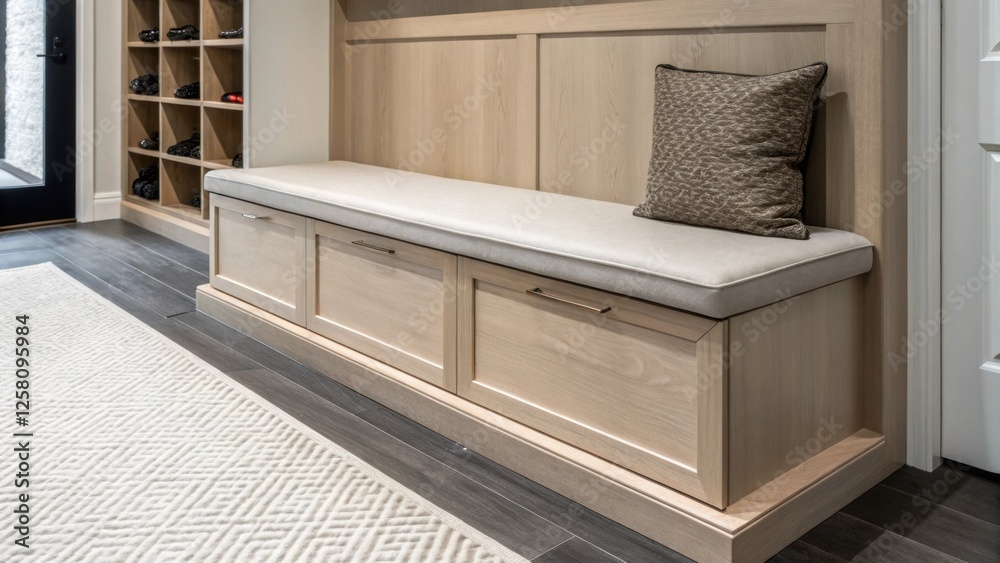Poster An elegant medium closeup of a modern entryway showcasing a sleek minimalist builtin storage bench with clean lines and a light wood finish complementing a monochromatic color