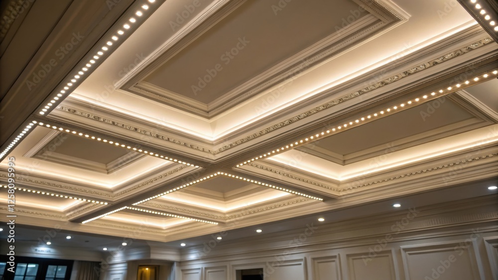 Poster An elegant medium closeup of a coffered ceiling with recessed LED strips running along the edges enhancing the depth and texture of the design.