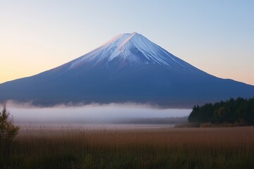 Fototapeta premium Photograph of a beautiful mountain range at sunrise, with a misty, snow-capped peak and muted, low-contrast colors