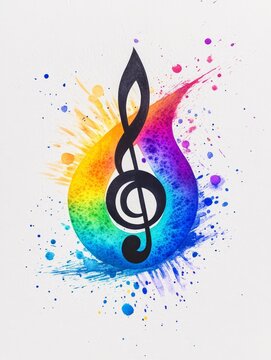 recommend clip art: Rainbow Treble Clef Music Festival - Vibrant watercolor rainbow splash with a treble clef, symbolizing music, joy, harmony, creativity, and celebration