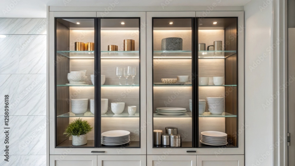 Poster an image showcasing a clean contemporary recessed shelf with glass doors reflecting a modern aesthet