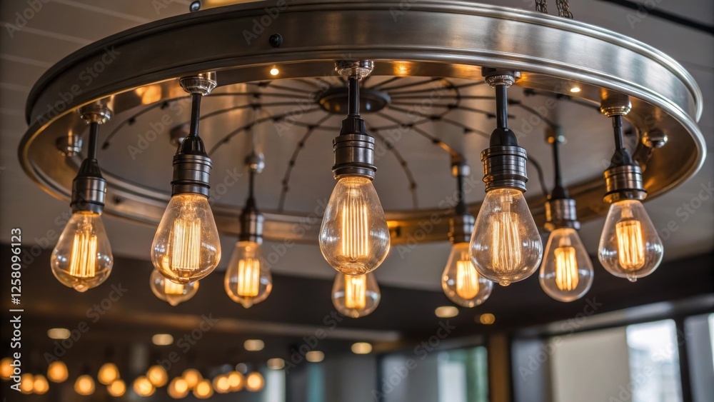 Poster an image capturing the details of a polished steel ceiling fixture featuring a of vintage edison bul