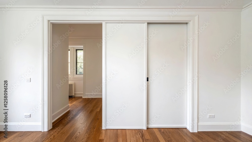 Aufkleber An image of a pocket door fully concealed within the wall emphasizing a minimalist design and the seamless transition between rooms in a small apartment layout.