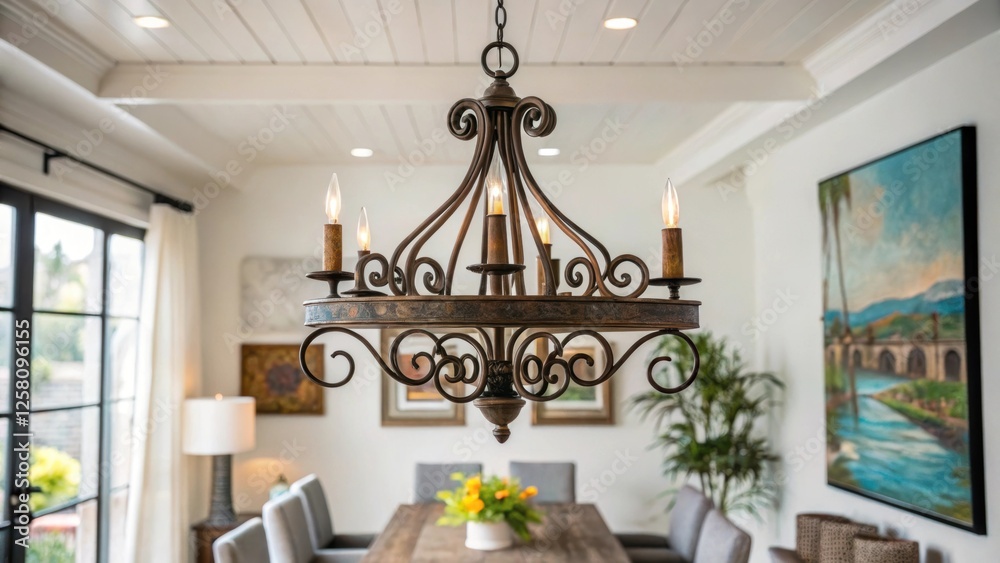 Poster an elegant wroughtiron chandelier with subtle artistic flourishes provides a rustic charm to a brigh