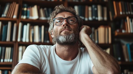 A thoughtful man, resting his face on his hand, gazes upwards with a contemplative expression, immersed in a serene environment filled with myriad books.
