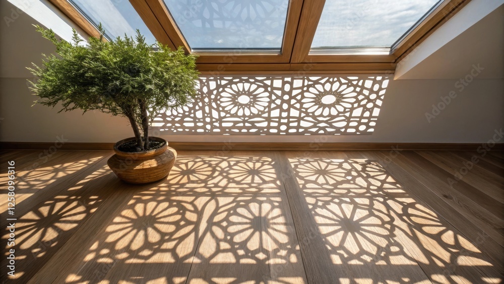 Poster An intricate shot of sunlight casting geometric patterns on the wooden floor through a skylight with a decorative plant adding a touch of greenery.