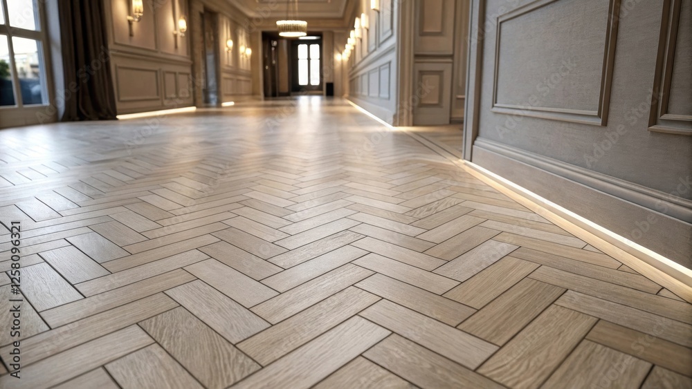 Aufkleber An intricate detail of modern flooring patterns featuring a herringbone layout complemented by soft uplighting that accentuates the depth and texture.