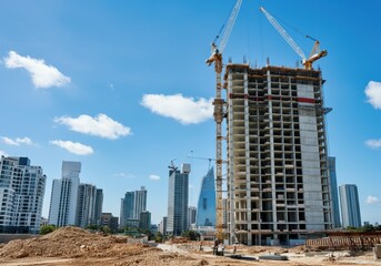 Construction site with skyscraper in urban area