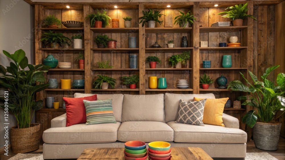 Poster An inviting space featuring open shelves made from reclaimed wood filled with houseplants and colorful ceramic dishes alongside a sectional sofa that encourages relaxation.