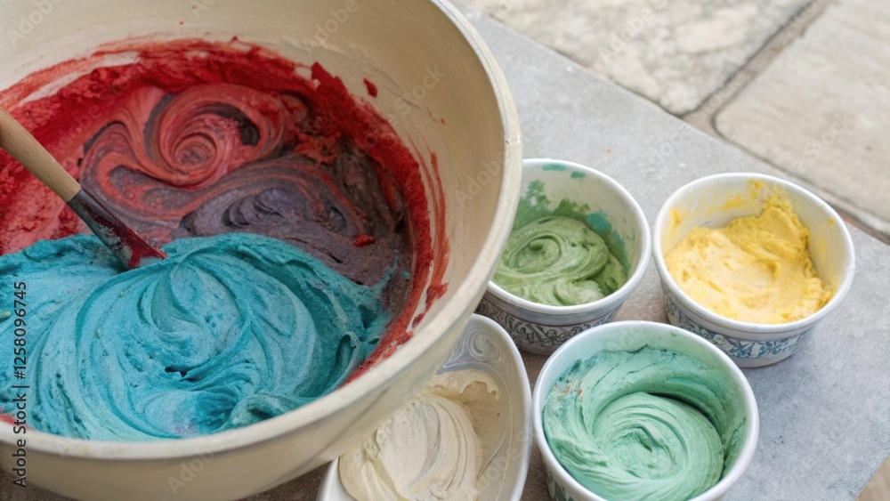 Poster an overhead view of colorful plaster pigments mixed in a bowl with varied textures illustrated in th
