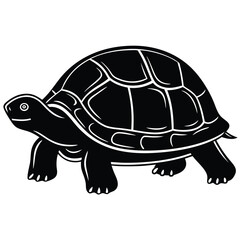 A turtle silhouette slowly walking forward with its head slightly extended from its shell 