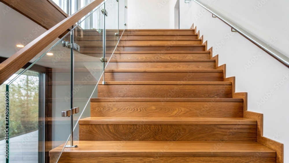 Poster an upclose view of a staircase featuring rich oak treads and an innovative railing made of acrylic a