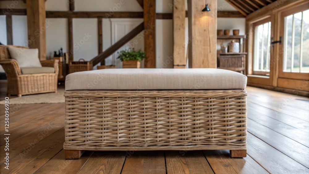 Poster a rustic farmhouse style displays a large woven wicker ottoman topped with a soft cushion the open s