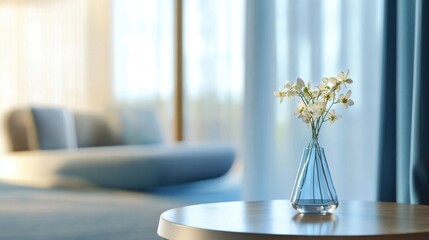 Fototapeta premium A serene hotel room with a vase of flowers.