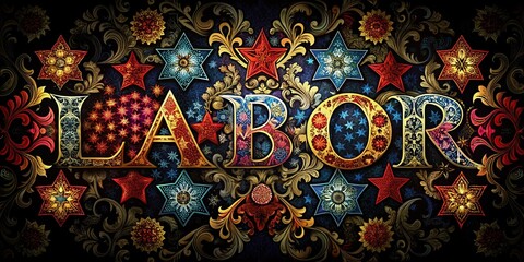 Elegant Damask Star Pattern Labor Day Design - Black Background