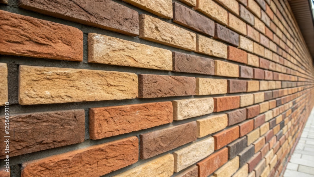 Poster a row of newly installed brick veneers with some bricks slightly protruding creating a rugged textur