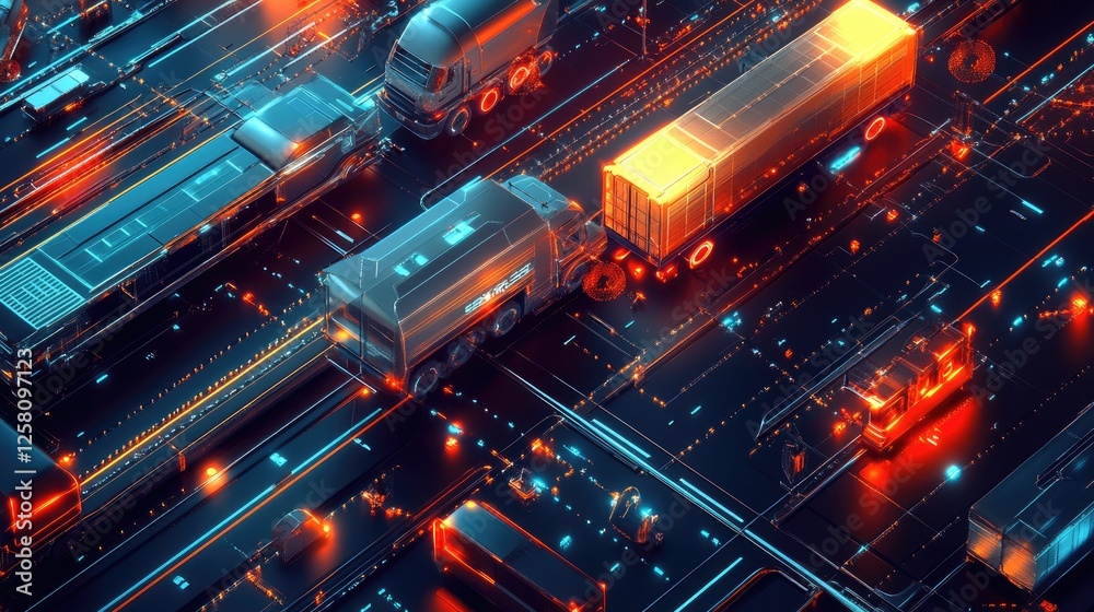 Poster an interconnected logistics network featuring dynamic routes, transport vehicles, and efficient hubs