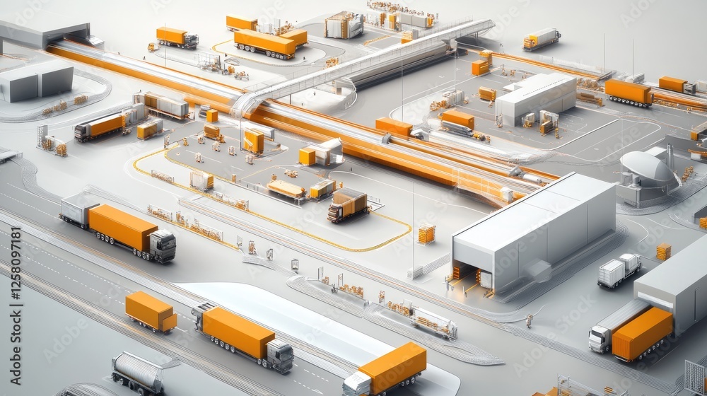 Poster an interconnected logistics system, illustrating dynamic routes, modern transport vehicles, and effi