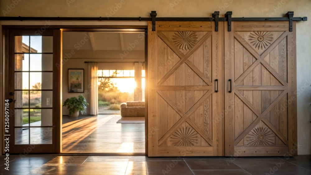 Aufkleber a serene view of a sliding barn door partially open revealing a glimpse of a sunlit room beyond with