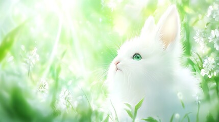 Enchanting Spring Scene Featuring a Fluffy White Rabbit Surrounded by Verdant Grass and Blossoming Flowers