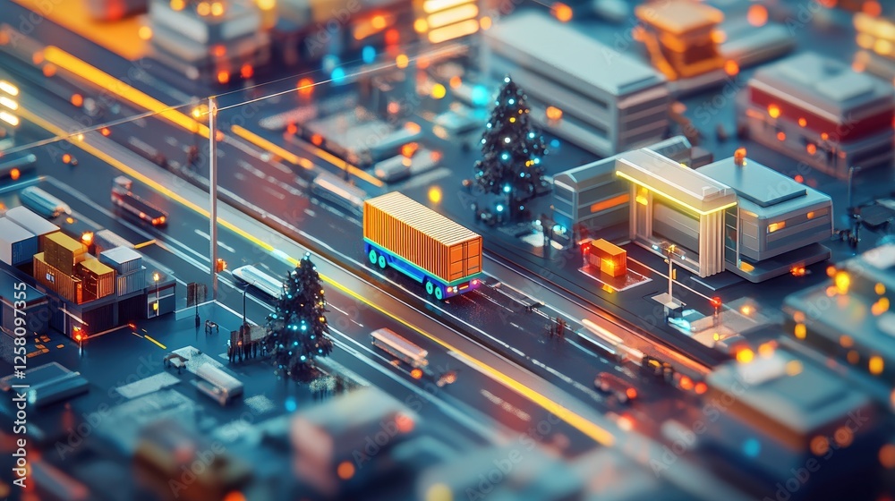 Poster an interconnected logistics system, illustrating dynamic routes, modern transport vehicles, and effi
