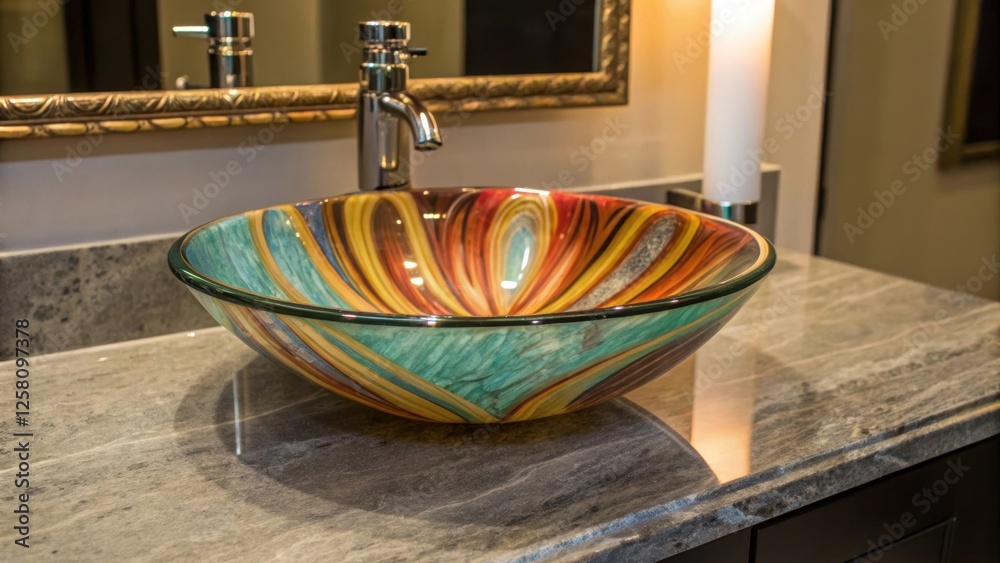Poster a stylish glass vessel sink showcases vibrant swirls of color reflecting soft light that highlights 