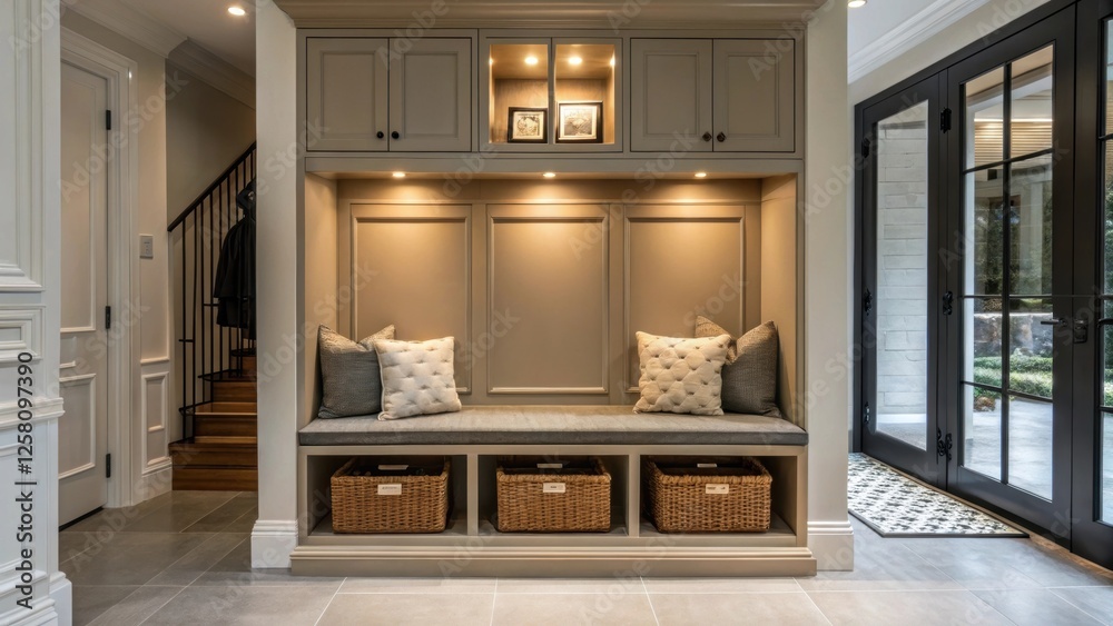 Poster A stylish entryway with a spacious builtin storage bench complemented by ambient lighting from above enhancing the inviting atmosphere and showcasing the benchs dual purpose.