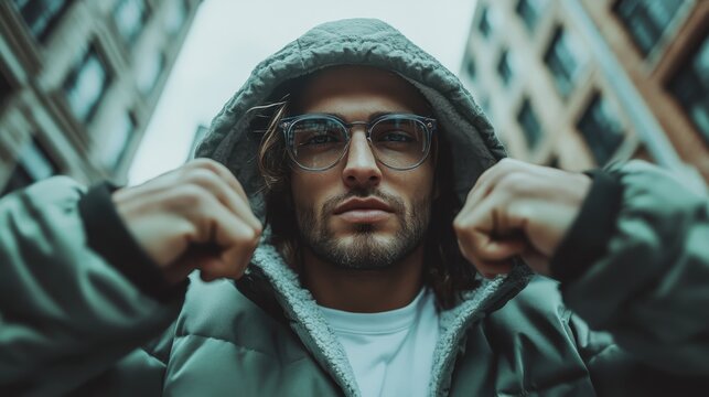 Portrait of a young man with a hooded jacket standing confidently in an urban environment, showcasing a strong posture and an assertive expression under a cloudy sky.