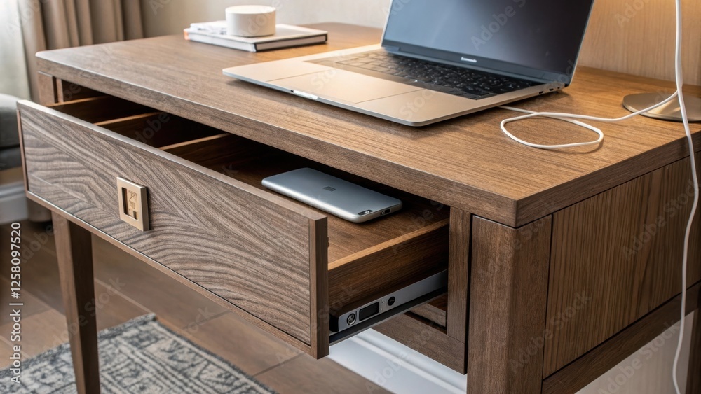 Leinwandbilder A textured wooden desk with a side compartment that slides open to reveal a hidden charging station emphasizing both style and functionality in a cozy home office setting.