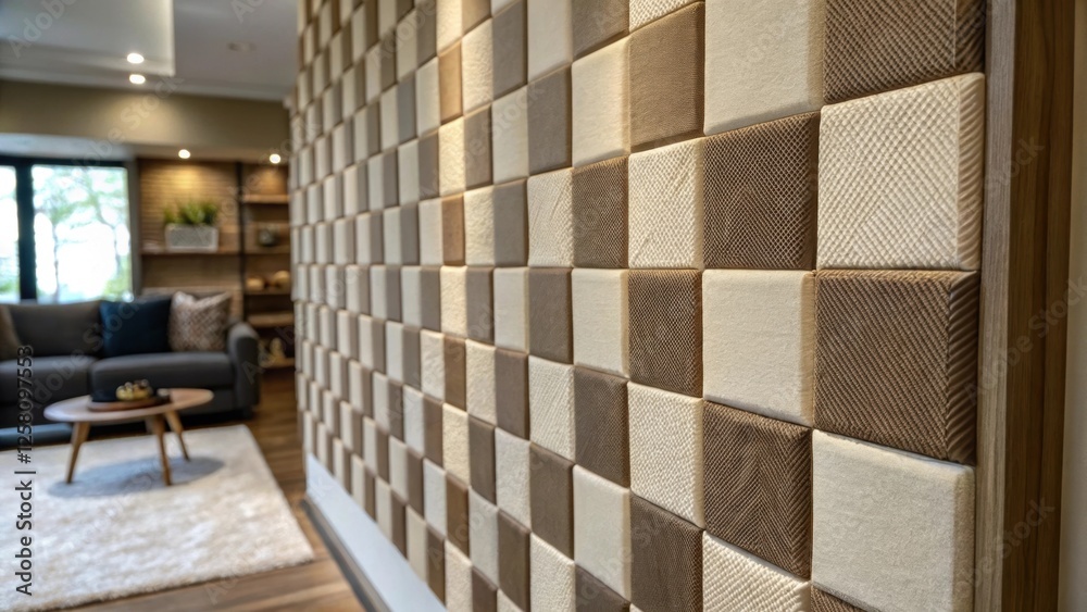 Aufkleber a textured wall panel in a living room featuring a checkerboard design viewed at an angle to showcas
