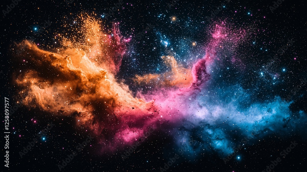 Poster cosmic nebula celestial clouds swirl, stars glimmer, deep space background