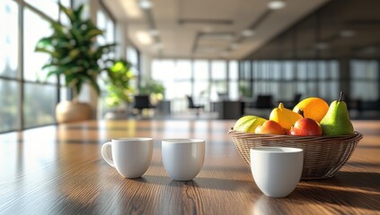 Modern Office Break Room with Fruit and Coffee Cups