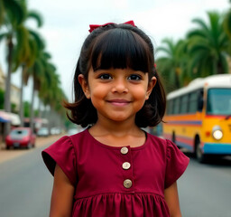 Sri lankan little girl standing against street