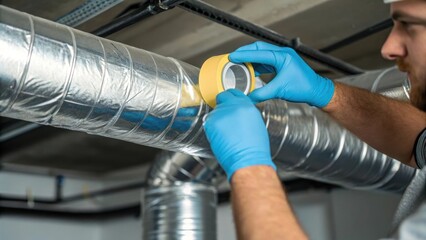 A technician wearing gloves carefully sealing ducts with highquality tape to prevent air leaks showcasing the meticulous care in maintaining ventilation systems.